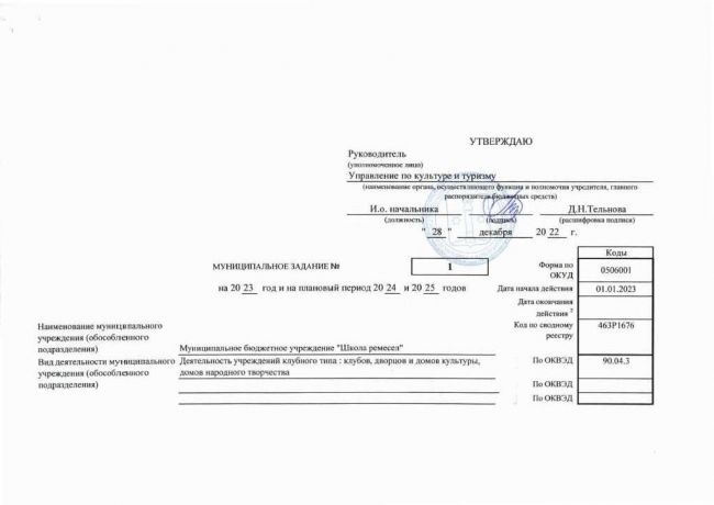 Муниципальное задание № 1 на 2023 год и плановый период 2024 и 2025 годов